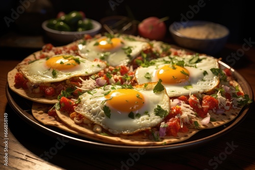 A plate of huevos rancheros with corn tortillas, beans, salsa, and fried eggs