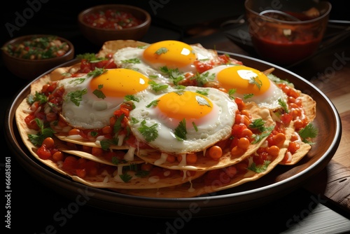 A plate of huevos rancheros with corn tortillas, beans, salsa, and fried eggs