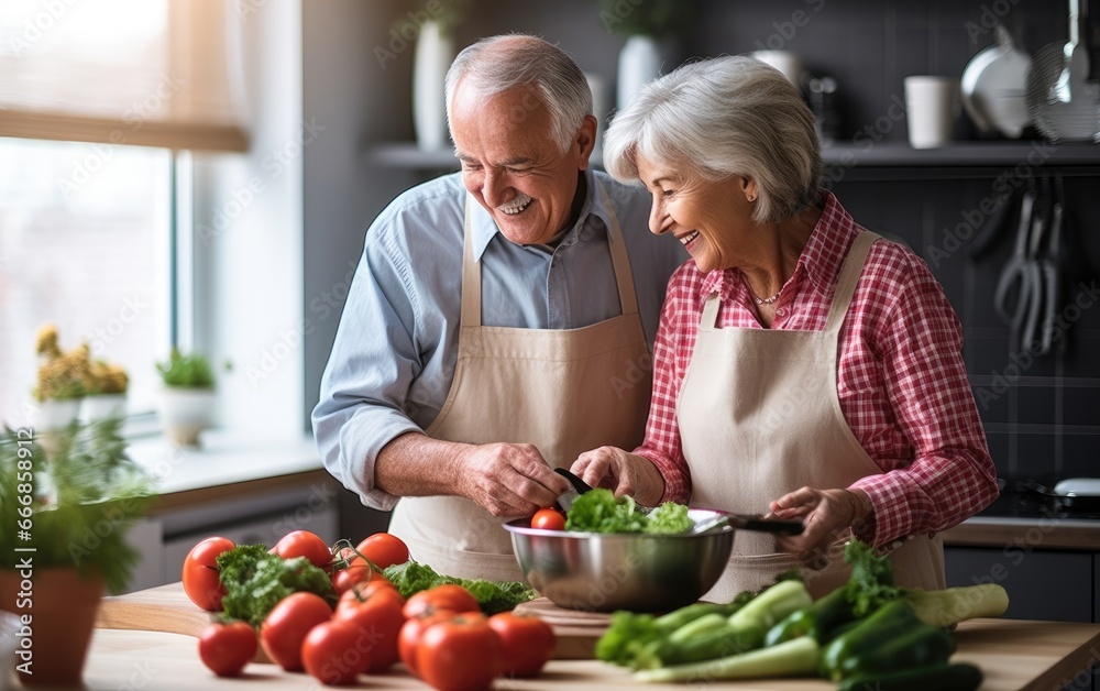 Happy smiling elderly couple cooking together in the kitchen Happy smiling elderly couple cooking together in the kitchen