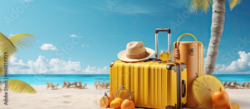 Summer travel concept with a yellow suitcase and beach accessories on a blue background