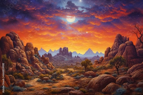 Wallpaper Mural vibrant celestial scene above arid rocky peak. Generative AI