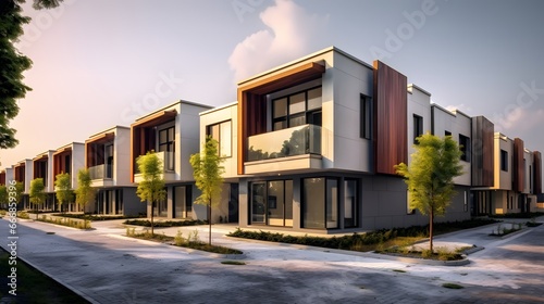 Modern modular private townhouses. Residential minimalist architecture exterior. Created with generative Ai