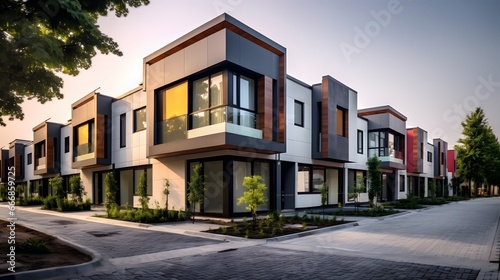 Modern modular private townhouses. Residential minimalist architecture exterior. Created with generative Ai © Lucky Ai