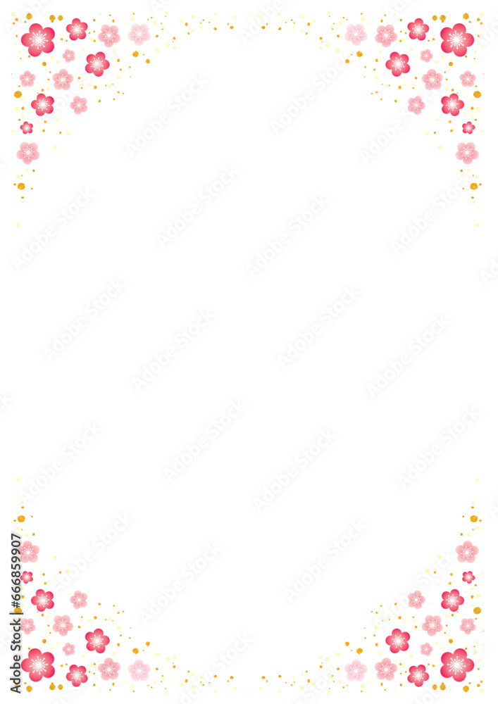 四角を濃いピンクの梅の花で飾ったフレーム-縦型