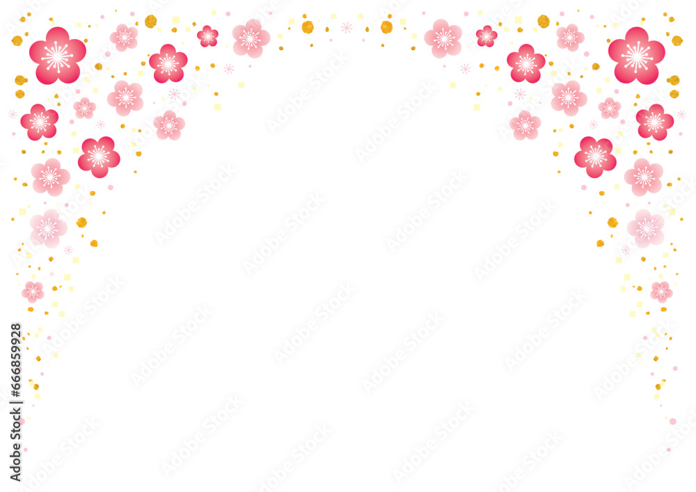 上方を濃いピンクの梅の花で飾ったフレーム-横型