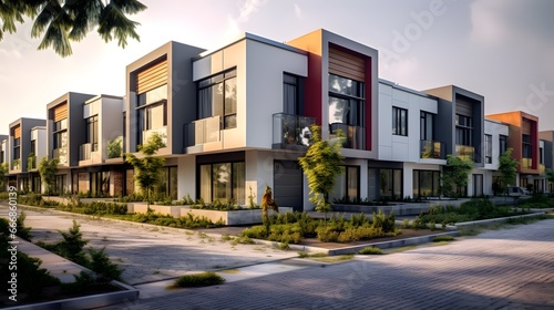 Modern modular private townhouses. Residential minimalist architecture exterior. Created with generative Ai