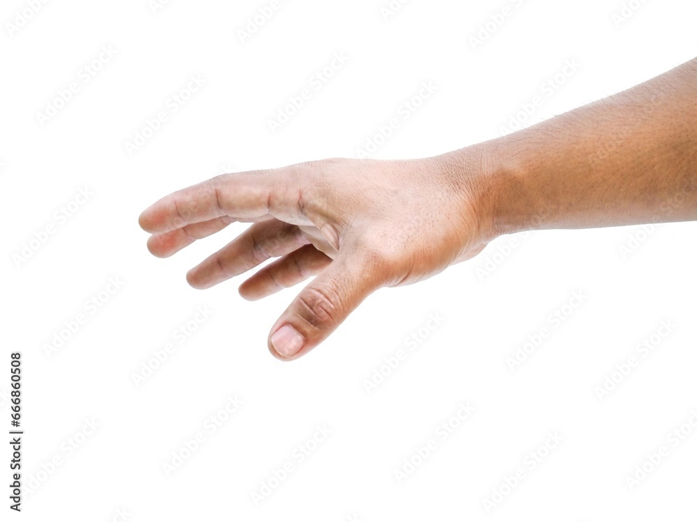 Male hand reaching for something on white background business concept.