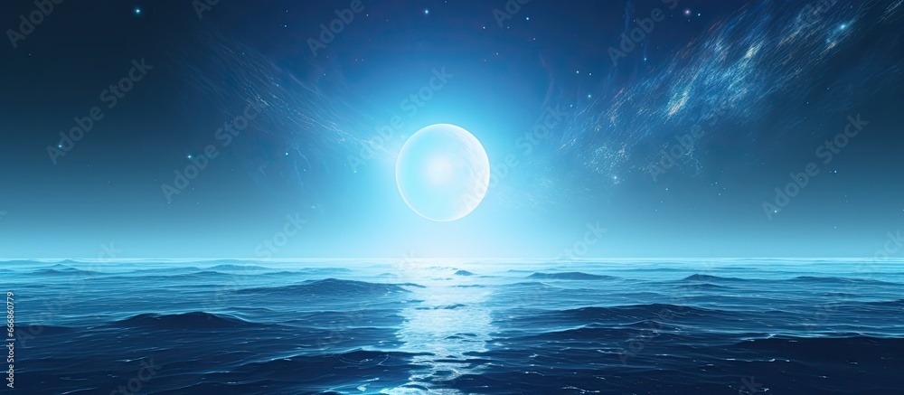 Illustration of a stunning blue exoplanet lit by a bright star Illustration of a stunning blue exoplanet lit by a bright star
