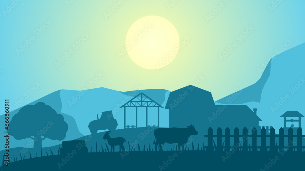 Countryside in the morning landscape vector illustration. Farm silhouette landscape with barn, tractor and livestock. Rural agriculture silhouette for background, wallpaper or landing page