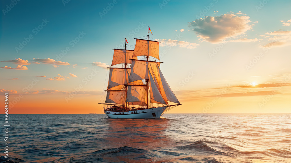Big sailing ship at sunset sailing through the sea with a blue and orange sky on the background. Large sailing yacht sailing on bright sunny day with clear calm water. Sail vessel in transparent water