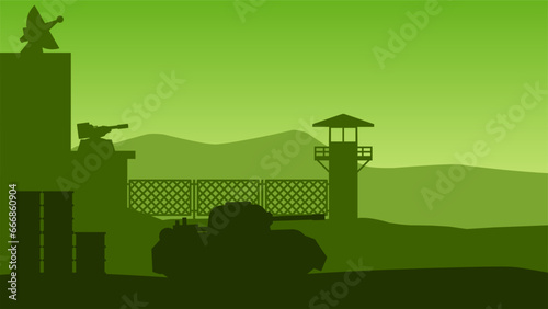 Military base landscape vector illustration. Silhouette of military base gate with guard post and tank. Military landscape for background, wallpaper or landing page
