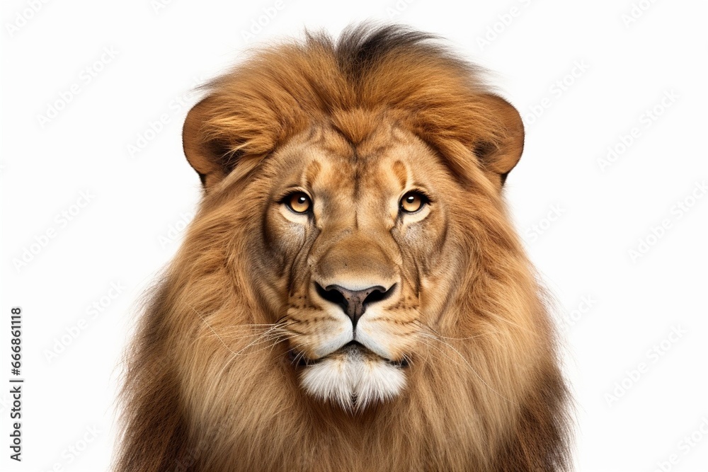 Portrait of a Male adult lion looking at the camera, Panthera leo, isolated on white : Generative AI