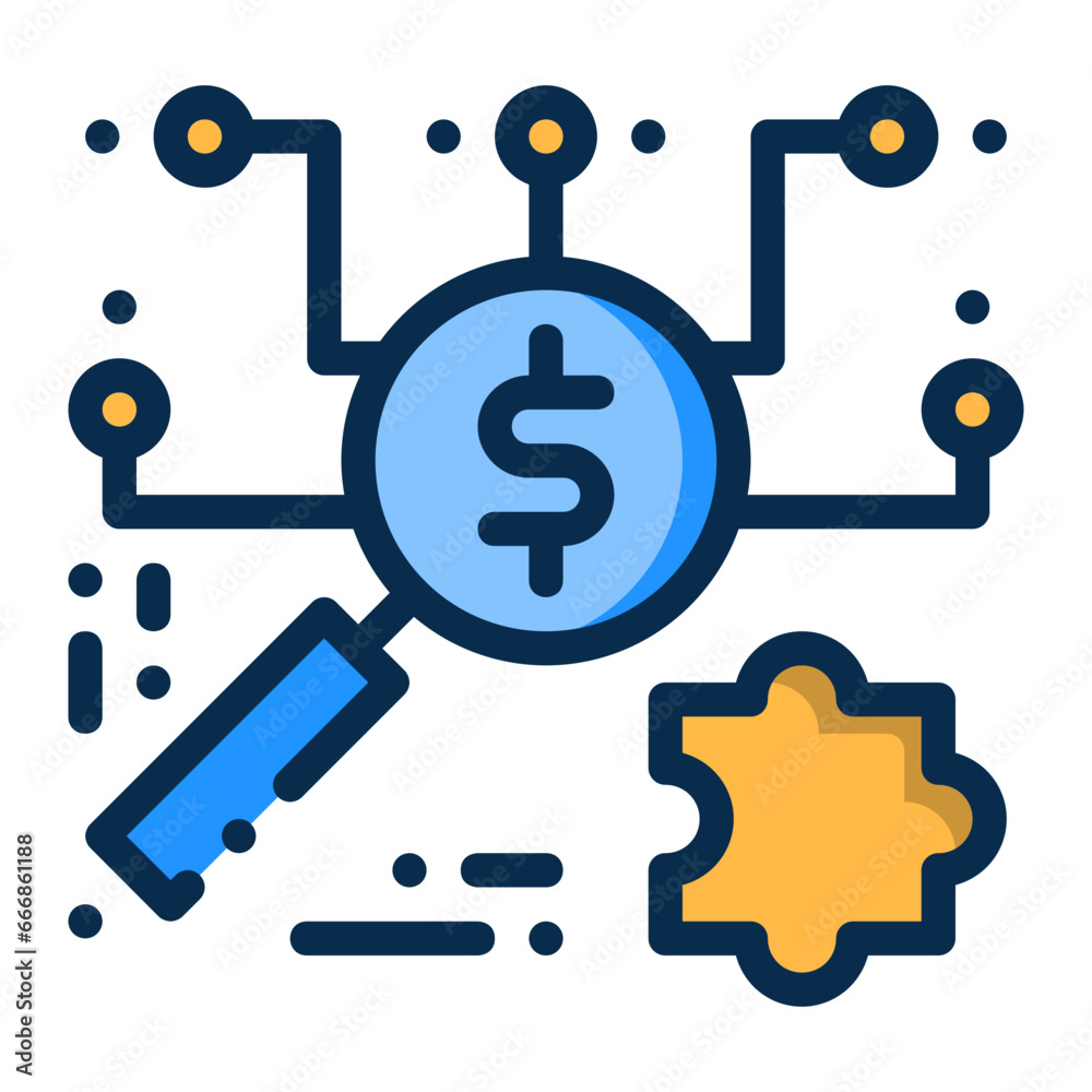 Search money icon in outline style represented by a magnifying glass and puzzle pieces Search money icon in outline style represented by a magnifying glass and puzzle pieces