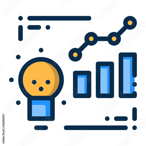 Creative Solutions icon in outline style represented by light bulbs and bar chart