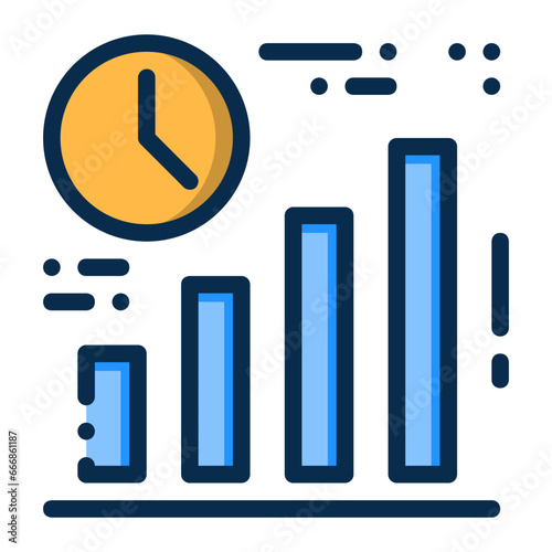 Timeline icon in outline style represented with a clock and a bar chart