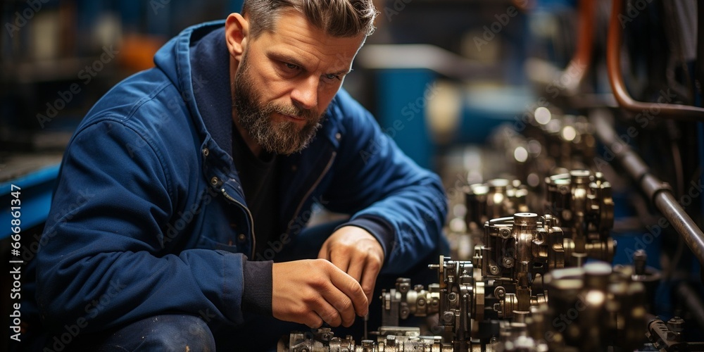 A worker at a water supply station inspects water pump valves equipment in a substation for the distribution of clean water at a large industrial estate. Water pipes. Industrial plumbi : Generative AI A worker at a water supply station inspects water pump valves equipment in a substation for the distribution of clean water at a large industrial estate. Water pipes. Industrial plumbi : Generative AI