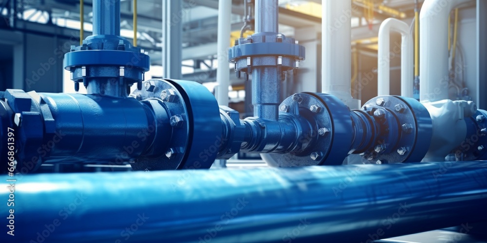 Water pump and pipes. Transparent pipe to show water flows inside the water supply system. : Generative AI Water pump and pipes. Transparent pipe to show water flows inside the water supply system. : Generative AI