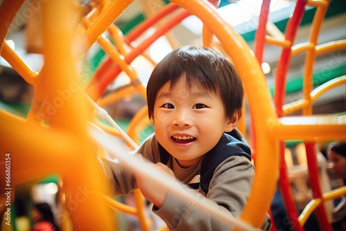 Asian korean little boy playing at indoor playground