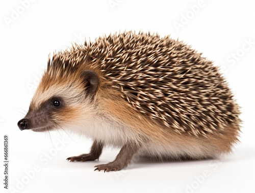 Adult male Four toed Hedgehog aka Atelerix albiventris. Sitting side ways, looking curiously up. Isolated on a white background. : Generative AI