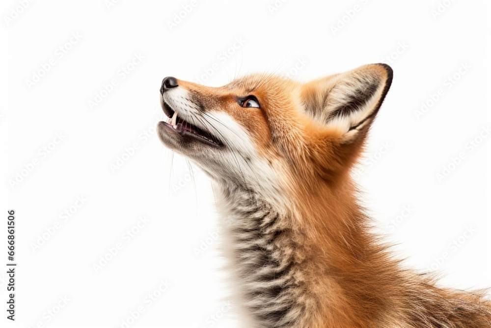 Fototapeta premium Side view of a Red fox looking up, two years old, isolated on white : Generative AI