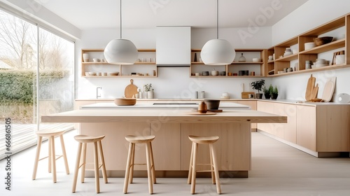 Modern scandinavian, minimalist interior design of kitchen with island, dining table and wooden stool. © Lucky Ai