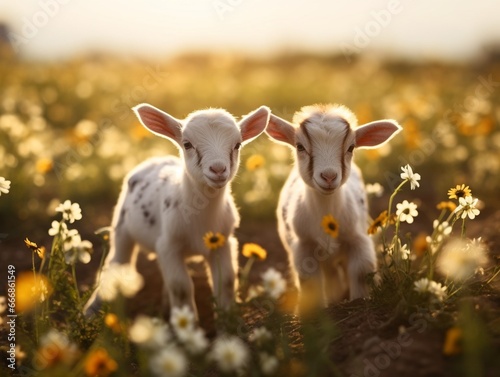Two little funny baby goats playing in the field with flowers. Farm animals. : Generative AI