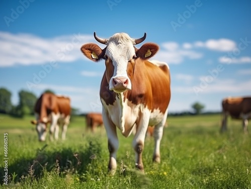 Brown milk cow grazing on green grass at farm grassland.   Generative AI