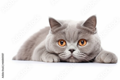 Satisfied British cat lies on a white background with a raised paw. Cat bastard on isolation. A cat for advertising feed. Playful pet close up. : Generative AI photo