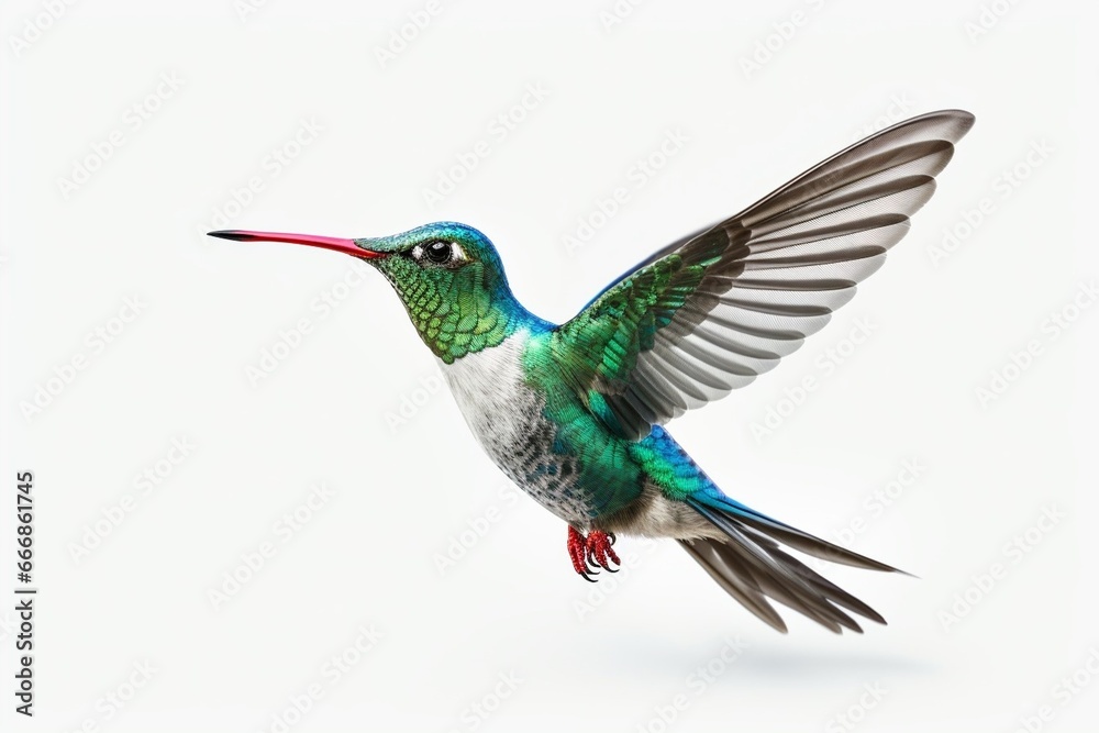 Fototapeta premium Broad Billed Hummingbird on a pure white background. Using different backgrounds the bird becomes more interesting and can easily be isolated for a project. These birds are native to M : Generative AI