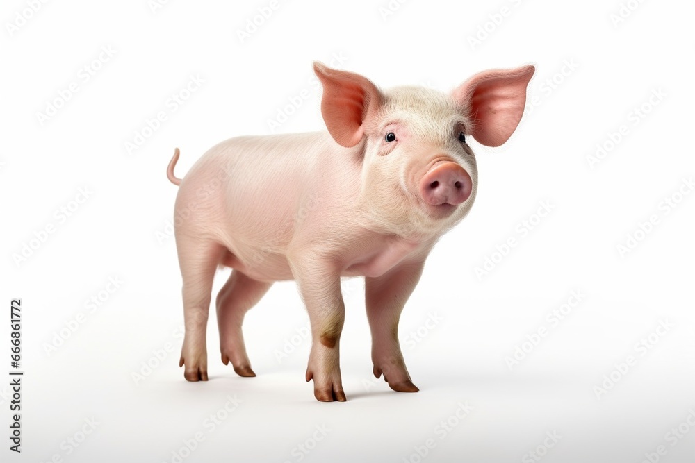 Fototapeta premium Happy young pig isolated on white background. Funny animals emotions. : Generative AI