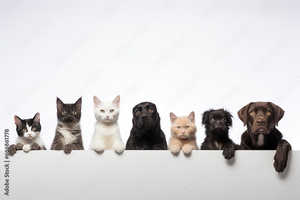 Row of cats and dogs hanging their paws over a white banner. Image sized to fit a popular social media timeline photo placeholder : Generative AI