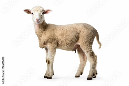 Cut out of young sheep lamb isolated on white background looking at camera. Side view full body length. Innocence and sacrifice concept .No people. Copy space : Generative AI