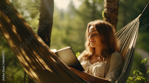 明るい光溢れる森の中でハンモックに座って本を読んでる女性
