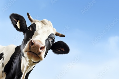 cow isolated on white, black and white gentle surprised look, pink nose, in front of a blue sky. : Generative AI photo