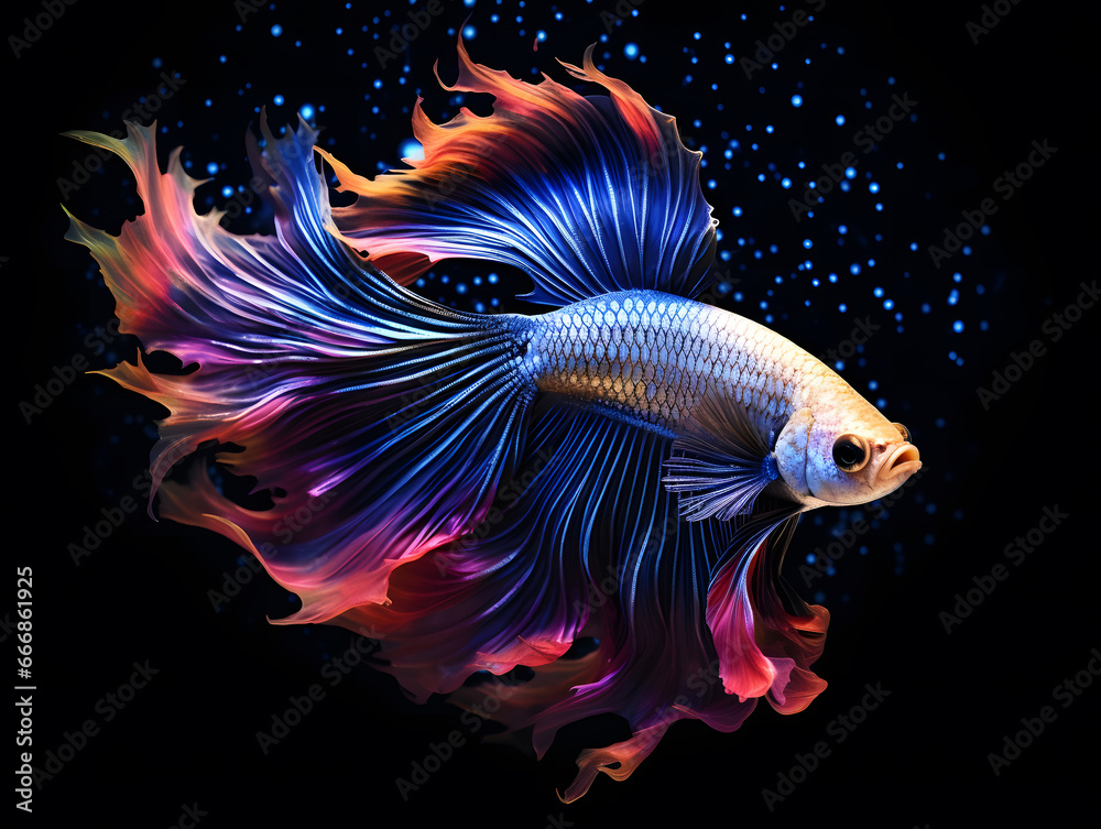 Capture the moving moment of rainbow siamese fighting fish on black background. colorful Betta fish. Capture the moving moment of rainbow siamese fighting fish on black background. colorful Betta fish.