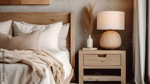 Rustic bedside cabinet near bed with beige pillows. Farmhouse interior design of modern bedroom.