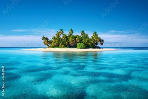An isolated island nestled in the Indian Ocean surrounded by an atoll. Untouched, lush, and teeming with palm trees, this subtropical gem lacks any sandy shore. Generative AI