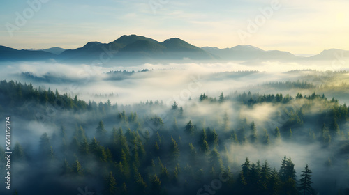 misty landscape with fir forest morning in the mountains vintage retro  © Planetz