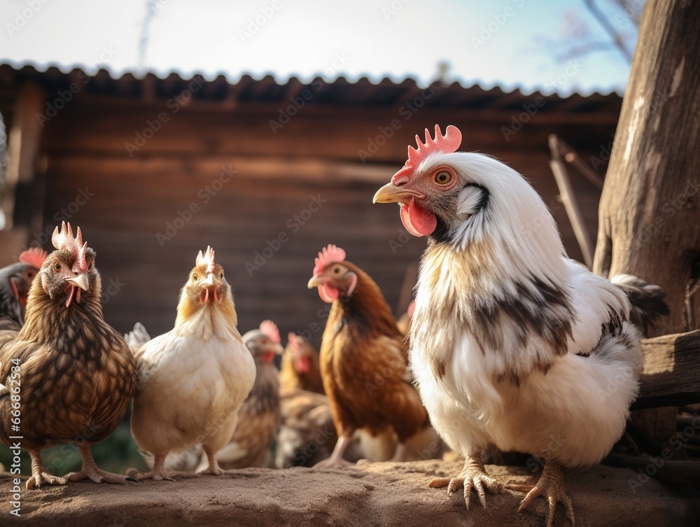 Fototapeta premium Peru and the chickens carefree. Small farm animals. : Generative AI
