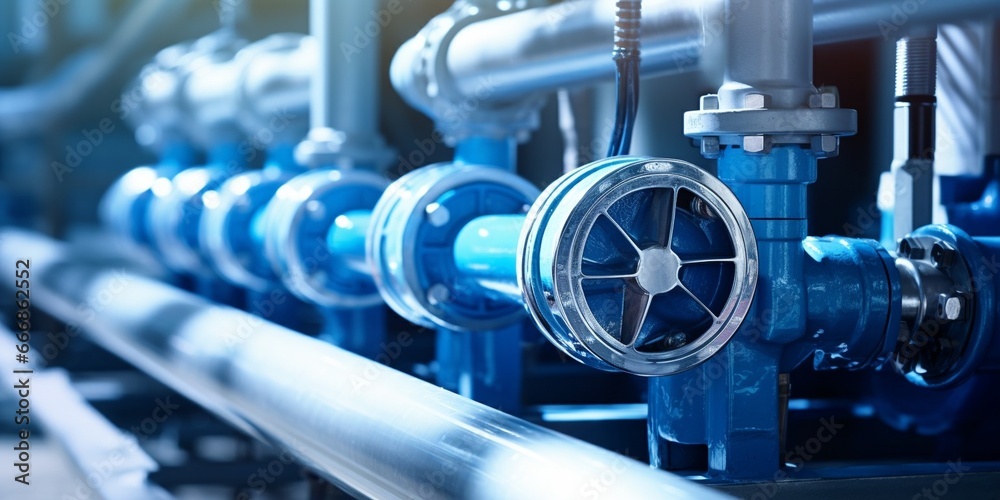 Water pump and pipes. Transparent pipe to show water flows inside the water supply system