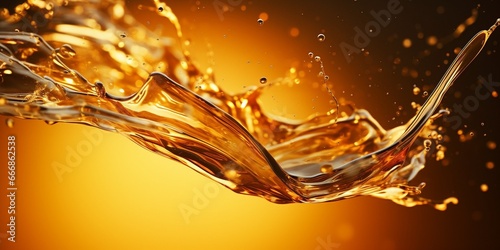 Liquid golden splash texture, abstract beverages background. Whisky, rum, cognac, tea or oil. : Generative AI photo