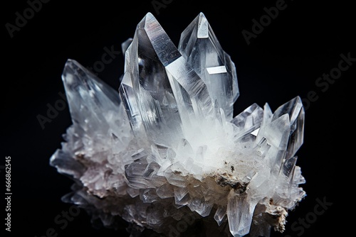 Amazing pure Quartz Crystal cluster gemstone closeup macro isolated on black background. Natural rare white mineral rough stone. Beautiful crystals arrangement : Generative AI photo