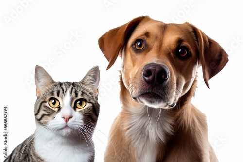 portrait of a dog and a cat looking at the camera in front of a white background : Generative AI