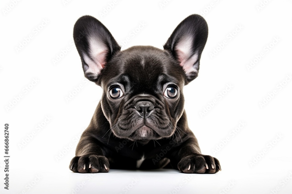 Curious French Bulldog puppy sits in front view. Isolated on white background : Generative AI