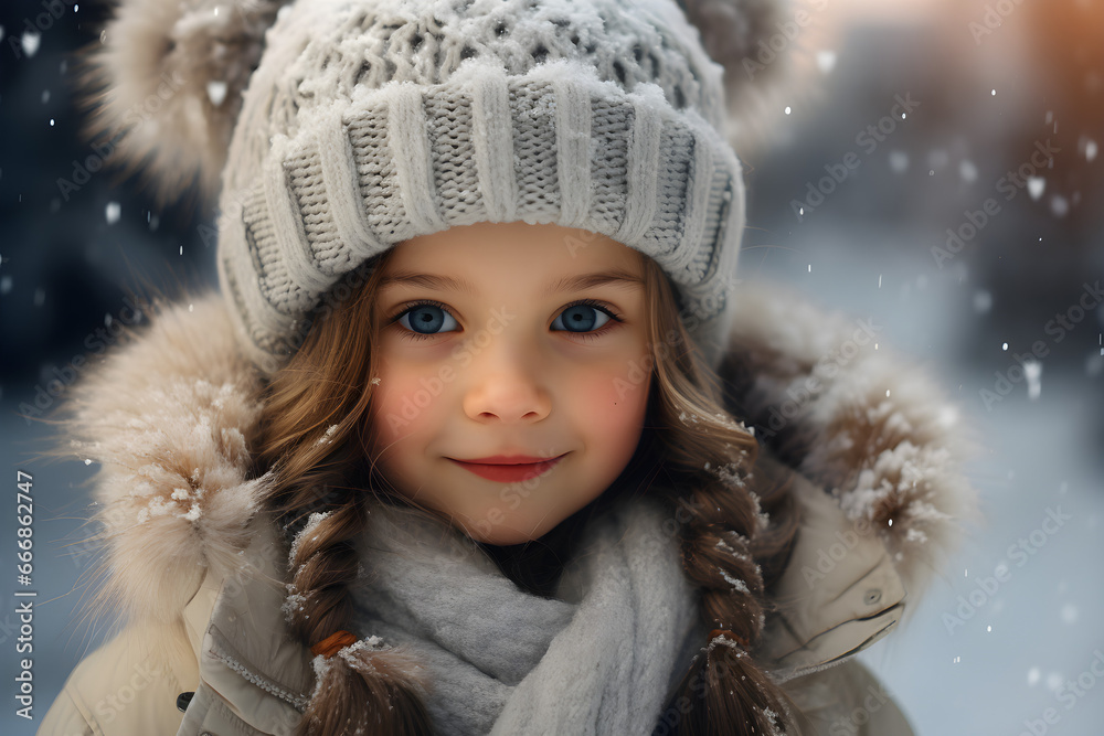 A cute child with a happy face wearing a warm hat and jacket, surrounded by snowflakes - winter holidays, A cute child with a happy face wearing a warm hat and jacket, surrounded by snowflakes - winter holidays,