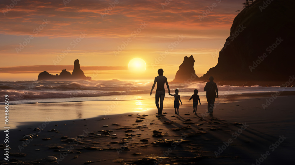 Embracing Sunset Serenity  Joyful Trio’s Beachside Stroll on the Mystical Black Sands at Dusk