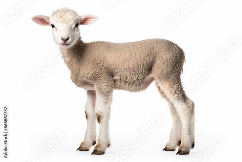 Cut out of young sheep lamb isolated on white background looking at camera. Side view full body length. Innocence and sacrifice concept .No people. Copy space : Generative AI