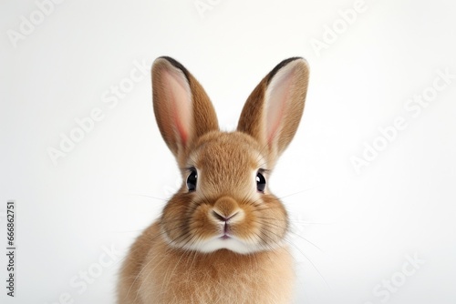 Front view of white cute baby holland lop rabbit standing on pink background. Lovely action of young rabbit. : Generative AI