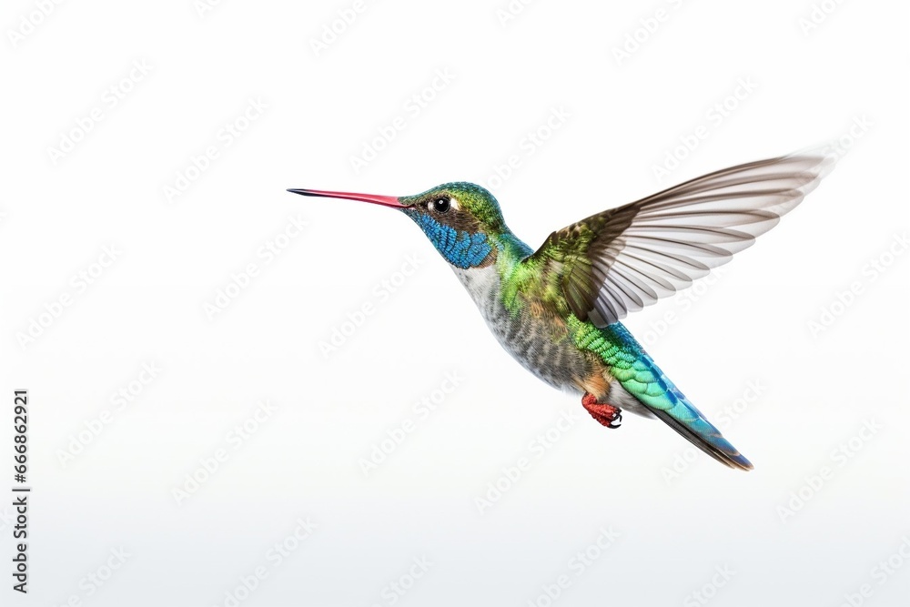 Fototapeta premium Broad Billed Hummingbird on a pure white background. Using different backgrounds the bird becomes more interesting and can easily be isolated for a project. These birds are native to M : Generative AI