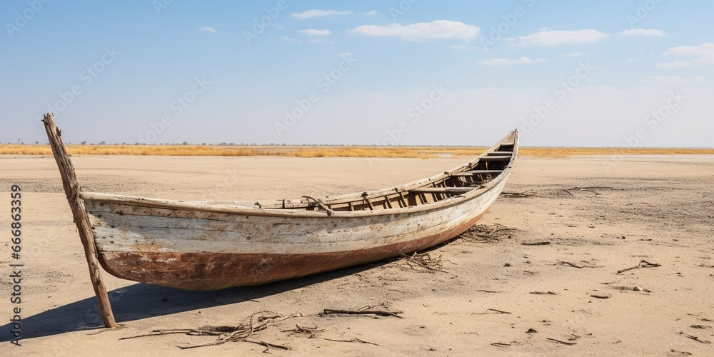 A traditional Marsh Arab canoe known as a Mashoof abandoned on the dry earth of the southern marshes of Iraq during a harsh summer drought caused by climate change and political instab : Generative AI - obrazy, fototapety, plakaty 
